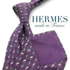 【美品】HERMES ネクタイ ペンギン アニマル 木 パターン パープル 紫