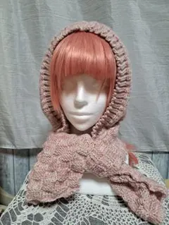 ピンク ニットフード付きマフラー　帽子