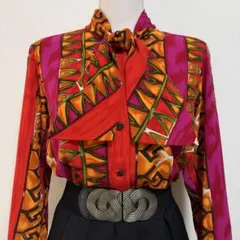 ヴィンテージ 派手柄 リボンタイブラウス 総柄 幾何学デザイン バブリー 個性派