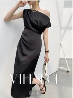 ブラック ワンショルダー サテン パーティードレス