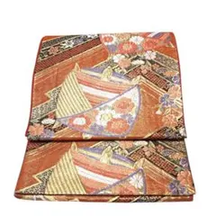 オレンジ系 袋帯 扇子と花柄　きもの　帯　金色　おしゃれ　リメイク