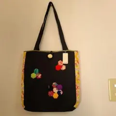 和装用トートバッグ 黒 六角形刺繍◆昭和レトロ◆中綿入りふんわり◆内ポケット付き