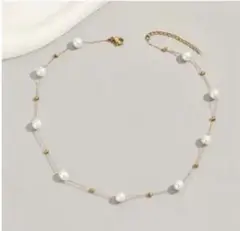 【華奢見え！】ゴールド パール風ビーズ ネックレス