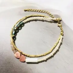 ハートインカローズ、ゴールドガラス、シルキーパール、2連ブレスレット