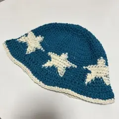 クラッシャーハット　星　バケットハット　ハンドメイド　手編み　コットン　男女兼用