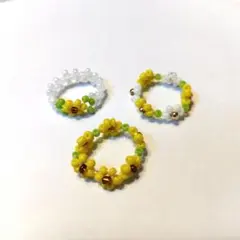 ☆ハンドメイドビーズリング☆3個セット☆お花☆イエロー