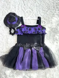 黒と紫のフリルワンピース　帽子セット　80