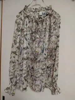 H&M ボタニカル柄 長袖ブラウス フリルネック
