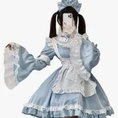 【7点セット】メイド服 水色 コスプレ ハロウィン ロリータ 長袖 仮装 天使