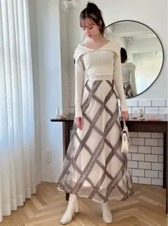 GRL レース刺繍チェックフレアスカート