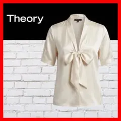 【theory】セオリー　オフホワイトサテンボウタイ半袖ブラウス　リボンシャツのサムネイル