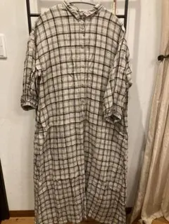 Samansa Mos2 麻チェック柄ロングワンピース