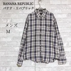 美品 バナナリパブリック チェックシャツ M 紺 アンタックドフィット 綿100