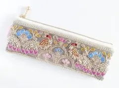インド刺繍リボン（両面）　スリムペンケース　鳥　ピンク