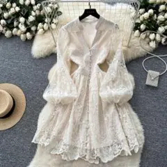 ワンピース　ドレス　長袖　レース　レディース　ロング　パーティー　花柄