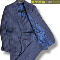 J5213 美品 エトロ ペイズリー柄裏地ストライプスーツ ネイビー 48