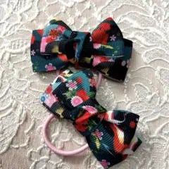 和柄花柄リボンヘアゴム2個セット