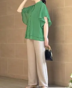 B-THREEビースリー　エアラチネ・ワイドパンツ　グレージュ　S ※裾直し済