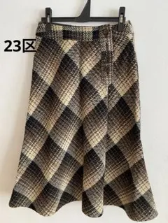 23区 チェック柄フレアスカート ベージュ×黒　M