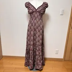 【新品】タグ付きnaturaフリル付き赤系マキシドレス Lサイズ