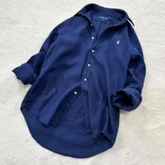 美品 ラルフローレン リネンシャツ ネイビー ポニー刺繍 ゆったり