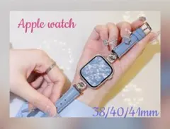 【新品】黒い服に合うお洒落ライトブルーキラキラハートApple Watchバンド