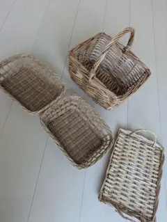 ラタンバスケット3点セット、トレー