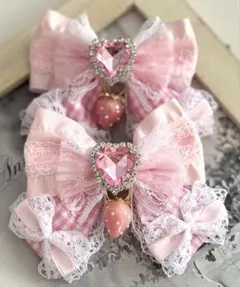 ゆめかわヘアリボンピン　フリルライトピンク×ピンクチェック×ハート