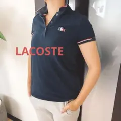 【LACOSTE】トリコロール刺繍ポロシャツ ネイビー レディース