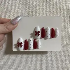 ネイルチップ 10個セット 白赤リボン