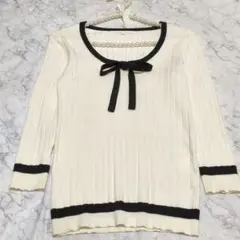 ANAYI リボン付きオフホワイト 五分袖ニット