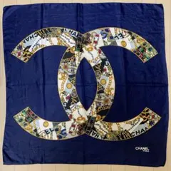 美品　CHANEL シャネル　シルク スカーフ　ココマーク　ロゴ　総柄　ネイビー
