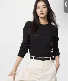 ユニクロUNIQLOソフトリブクルーネックTシャツLブラック