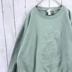 古着 H＆M ミッキーマウス エンボス加工 スウェット トレーナー 薄緑 M