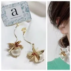 2335-1 ゴールド☺︎ウェーブスティックと立体フラワーパールのピアス☺︎