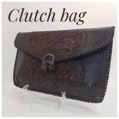 【ヴィンテージ】革 レザー クラッチバッグ ハンドバッグ ブラウン 茶 花