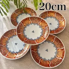 献上古伊万里　大皿　５枚セット　多用皿　約20cm 赤　レッド　金彩　波佐見焼