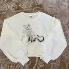 猫刺繍リボン付きホワイトニット M-L