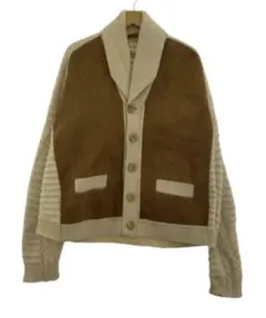 70s 80s カナダ製　パネルカーディガン　レザー　ニット　ショールカラー