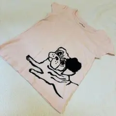 110cmGAP　半袖ピンクTシャツ　ワンちゃんプリント　黒コサージュのサムネイル