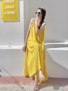 シンプル夏のロングワンピース 韓国風 海水浴 ノースリーブ
