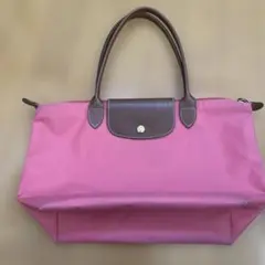 ロンシャンピンク ナイロン レザートートバッグ