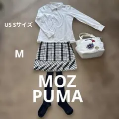 MOZ ハーフジップ白長袖ポロシャツとPUMA チェック柄裾プリーツスカートM