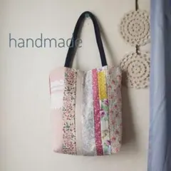 ハンドメイド　パッチワーク　トートバッグ　サブバッグ　ピンク花柄