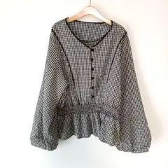 ペプラムブラウス　ギンガムチェック　M 長袖