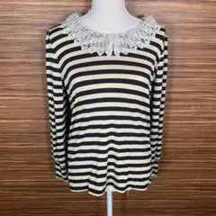 anne アンネ Tシャツ XL相当 白 黒 長袖 レーヨン レース ボーダー