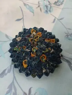 手作り 花形 ブローチ 青 オレンジ