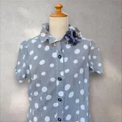 個性的 ドット 膝丈シャツワンピ ＆ ハンドメイド花コサージュ 森ガール 綿