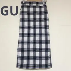美品 GU チェック柄 バックスリットタイトスカート 黒 白 ウエストゴム 希少