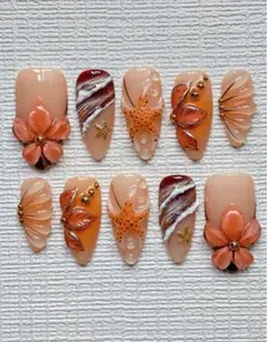 オレンジ系花デザイン ネイルチップ Mサイズ